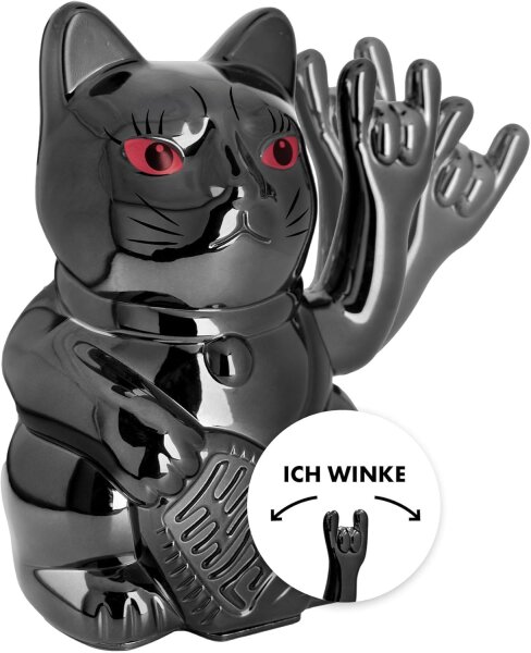 Angry Cat Winkekatze 15cm Metallic Rock Schwarz